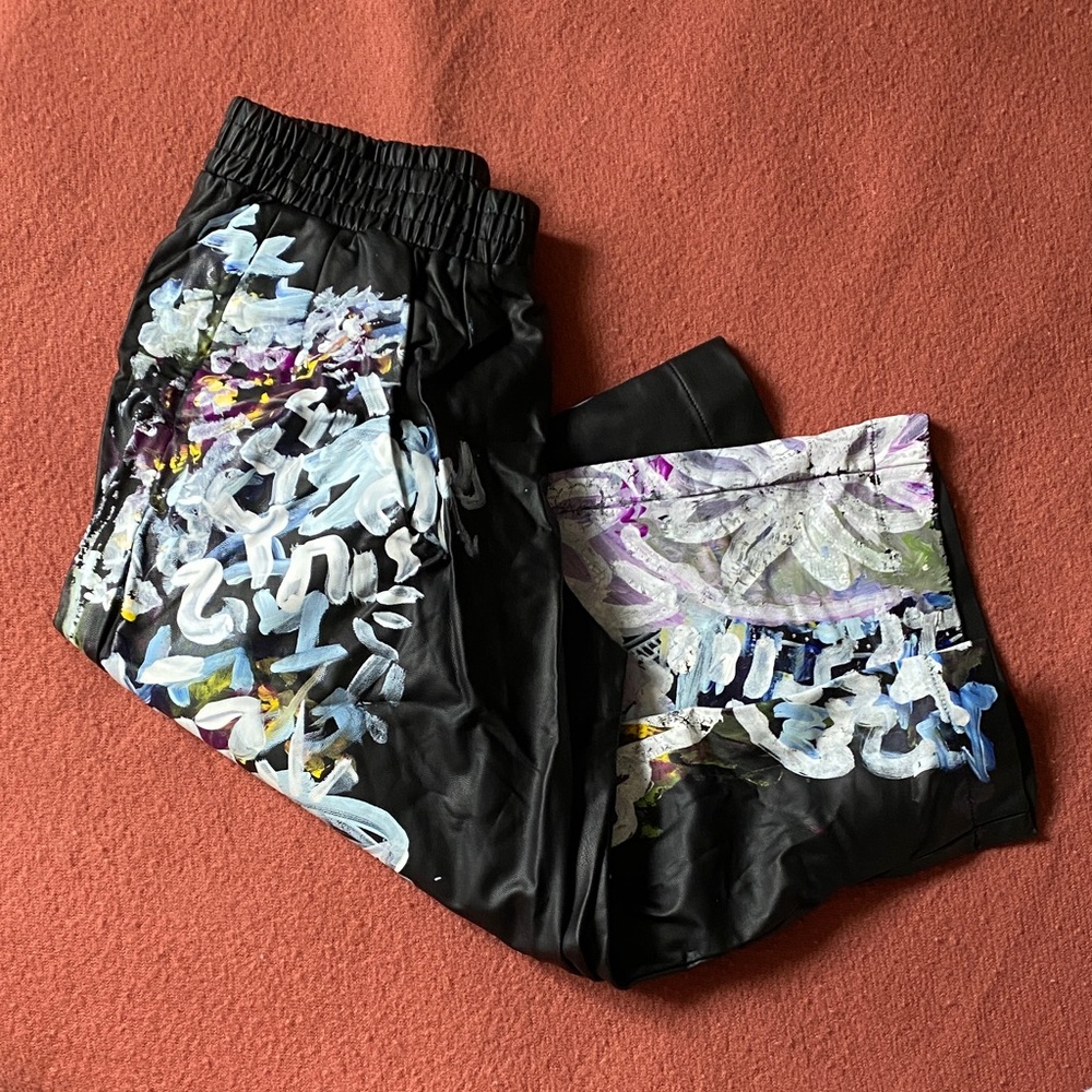 Hand Painted Black Pleather Artist Pants